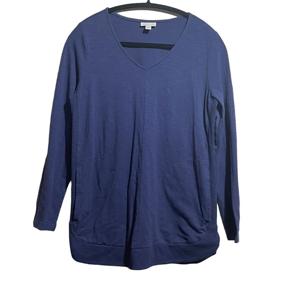 J Jill Shirt Sz Small Top Blue Cotton‎ Blend Sweater Pockets Athleisure Stretch